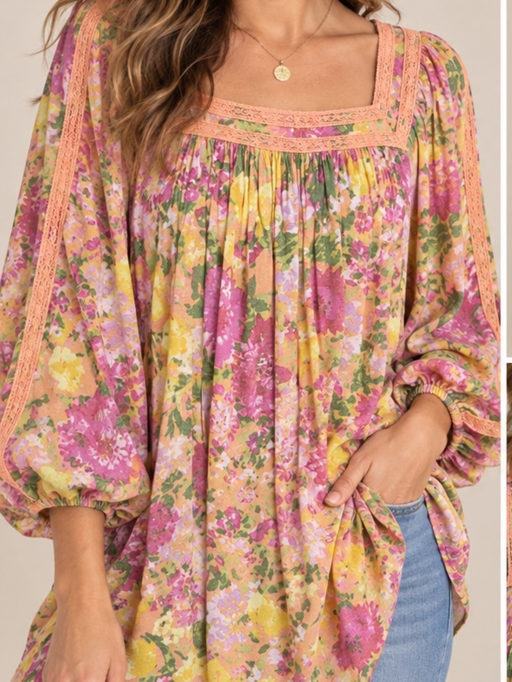 LC Lauren Conrad Peach-Pink & Yellow Floral Square-Neck Tunic
